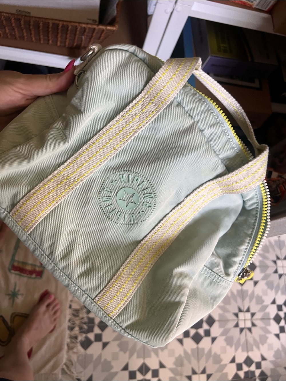 Kipling Mint Green Mini Nylon Tote with Yellow-Trim Handles insulated lunch bag